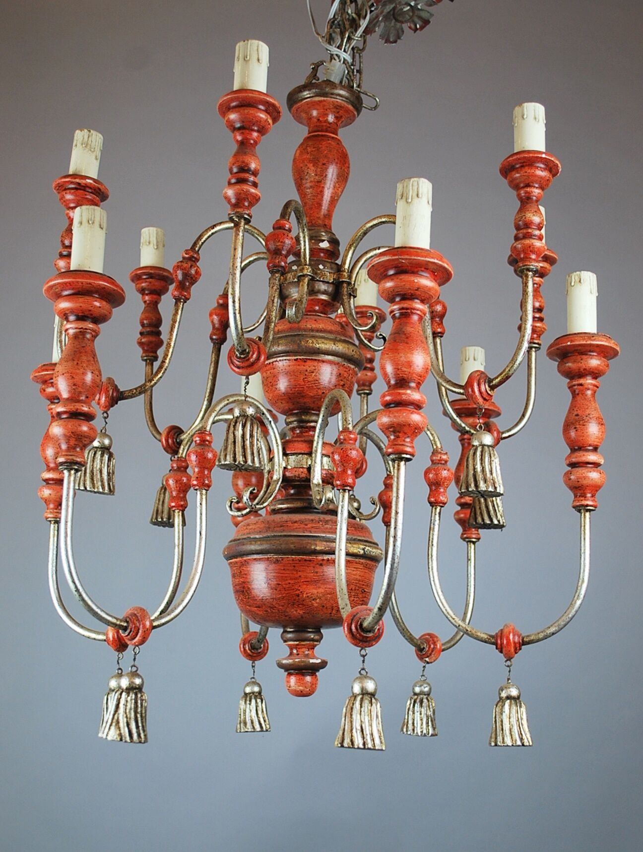 Italian chandelier in patinated wood, 50s