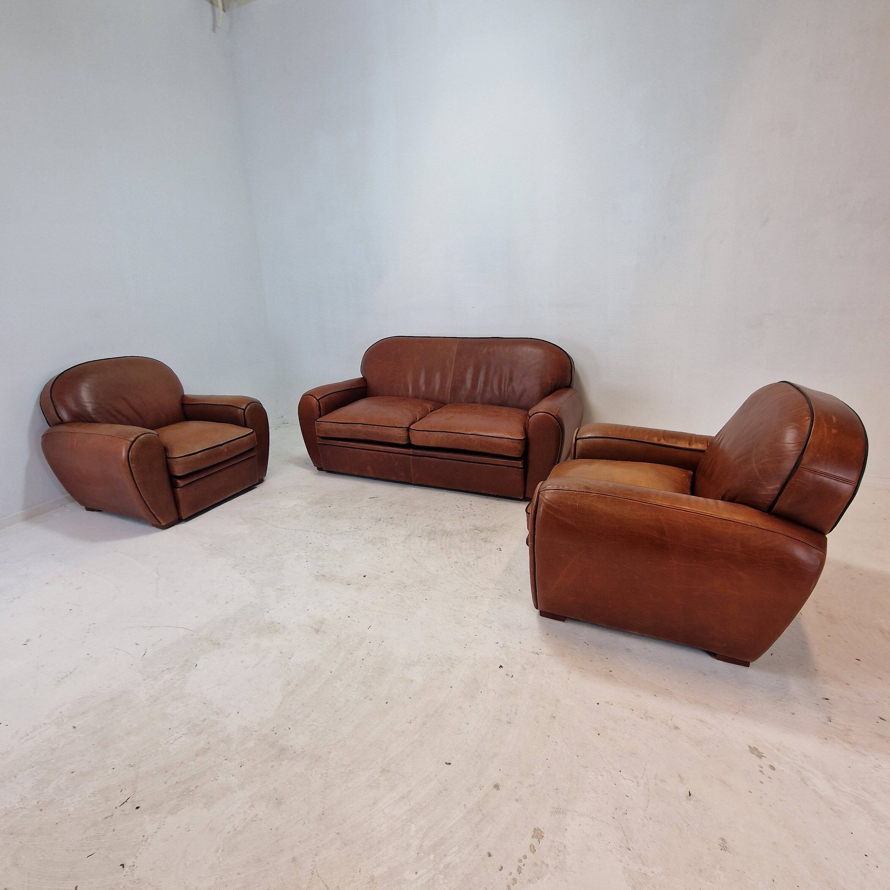 Set of 2 Club Chairs and 1 Sofa in Saddle Leather by Jan Frantzen, Netherlands