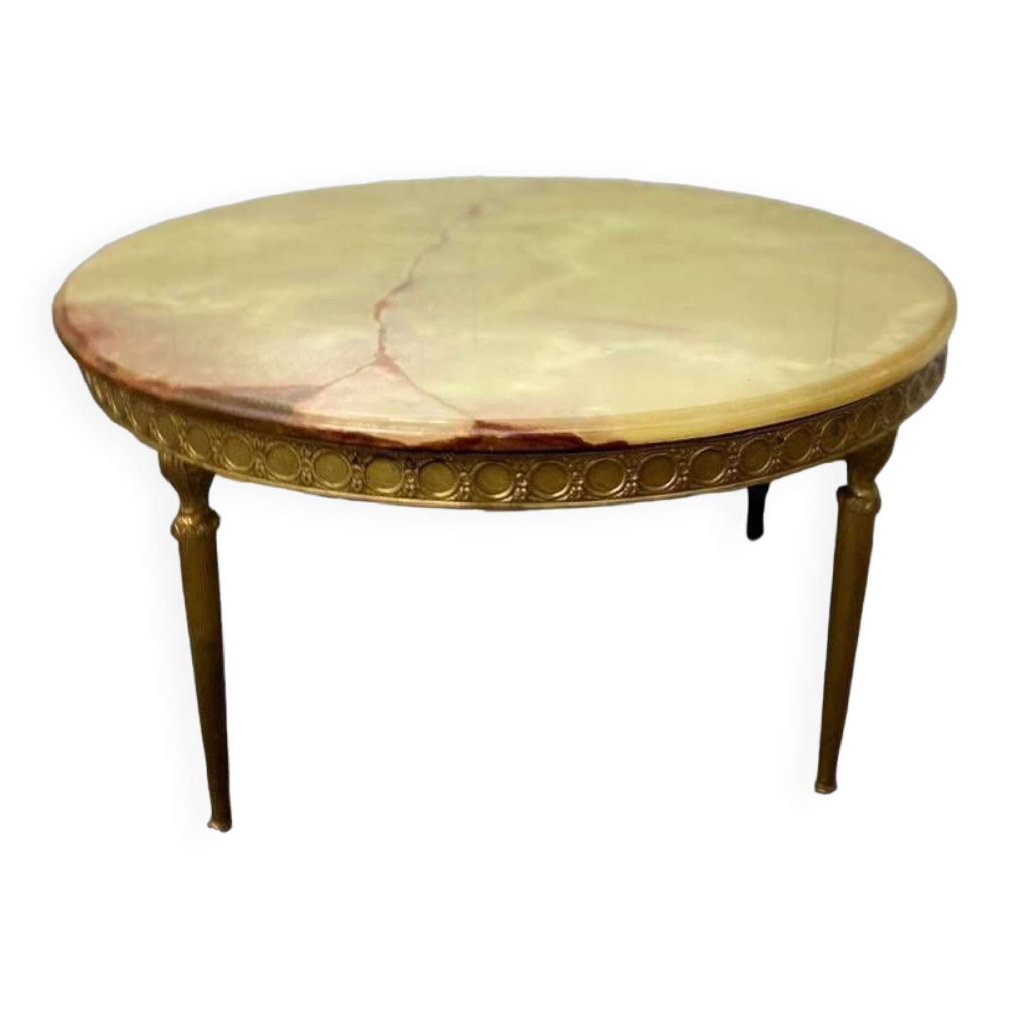 Vintage round coffee table: onyx top & gold brass structure