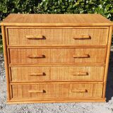 Chest of drawers 4 drawers in wood and wicker 70s vintage