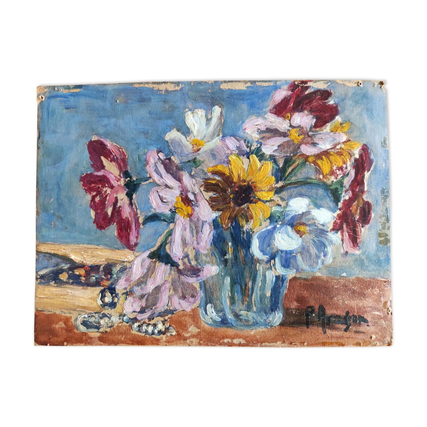 Huile sur carton P. Aragon bouquet