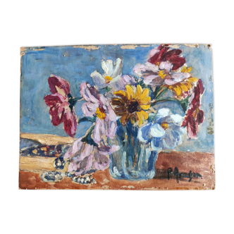 Huile sur carton P. Aragon bouquet