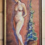 Ancien tableau vintage aquarelle nu féminin années 40 50