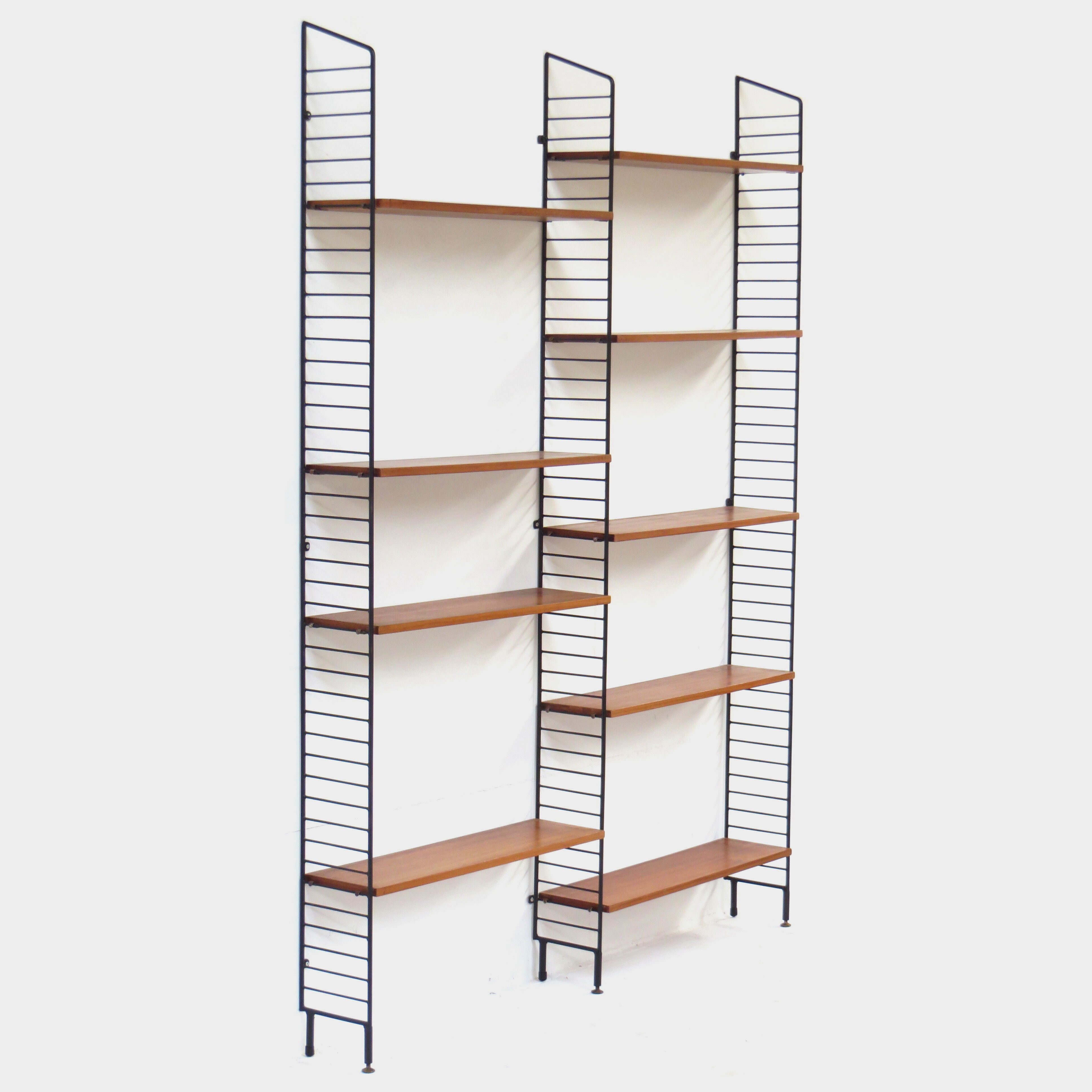 Mid century Wall Unit Shelving System in teak with black metal bookshelf supports
