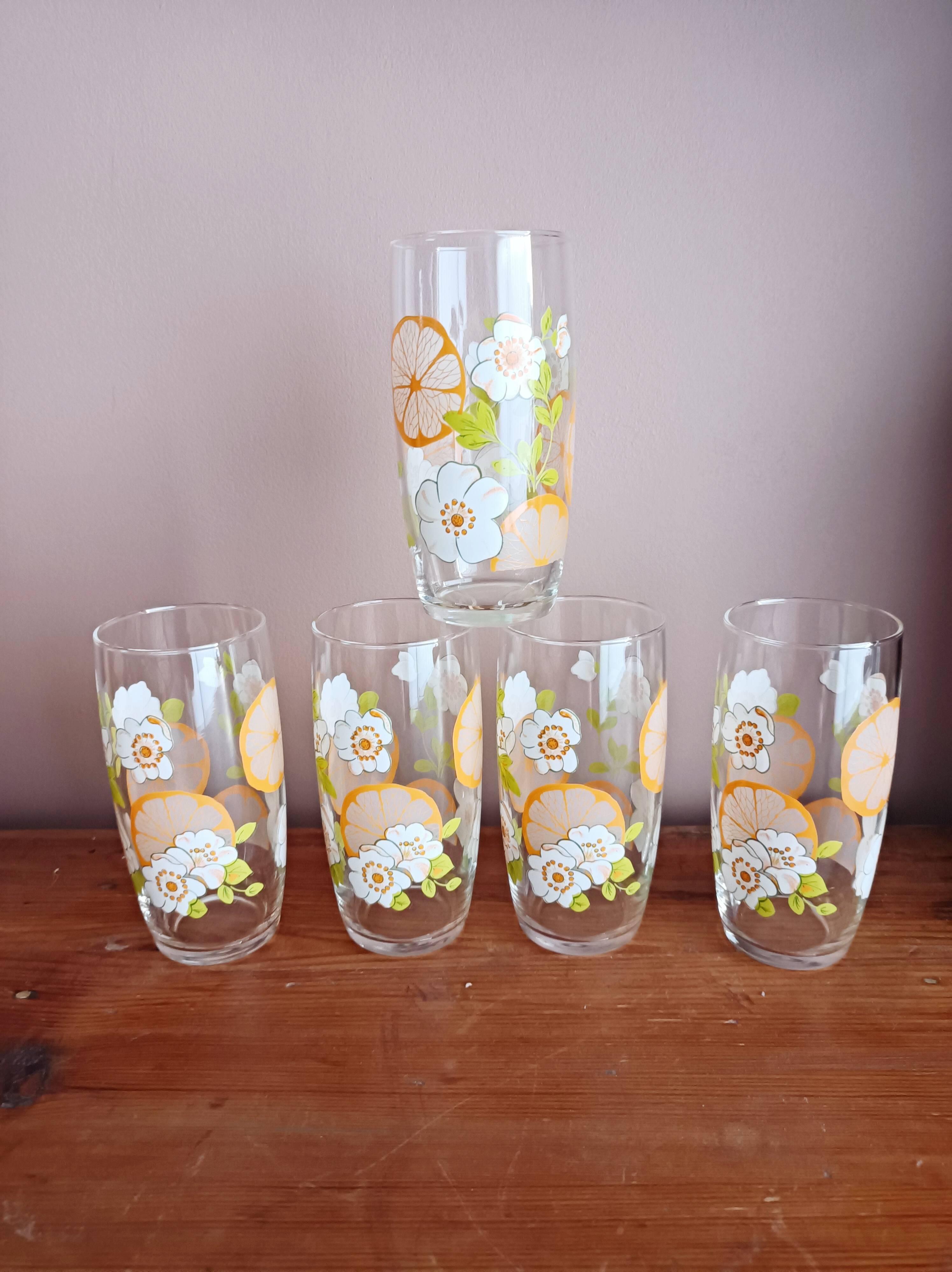 Set of 5 floral orangeade glasses