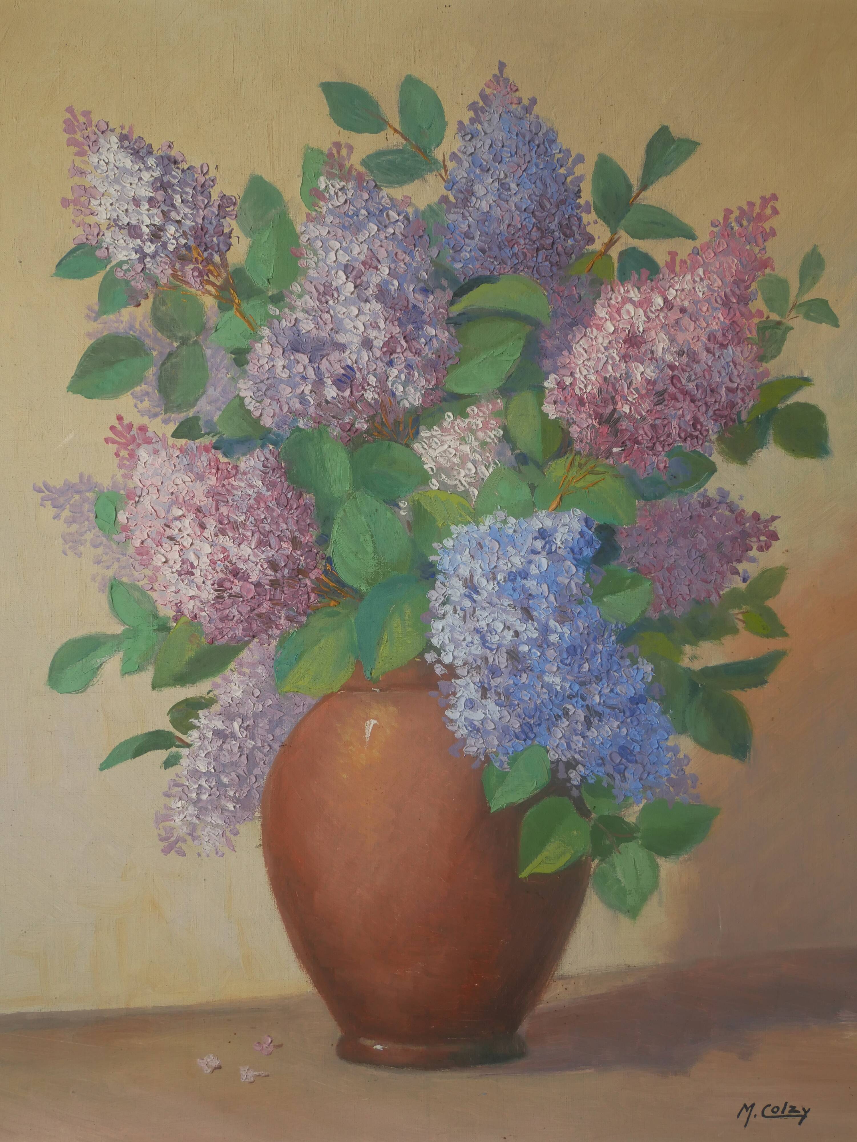 Painting acrylic painting on canvas bouquet lilac flowers decoration countryside old still life