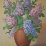 Painting acrylic painting on canvas bouquet lilac flowers decoration countryside old still life