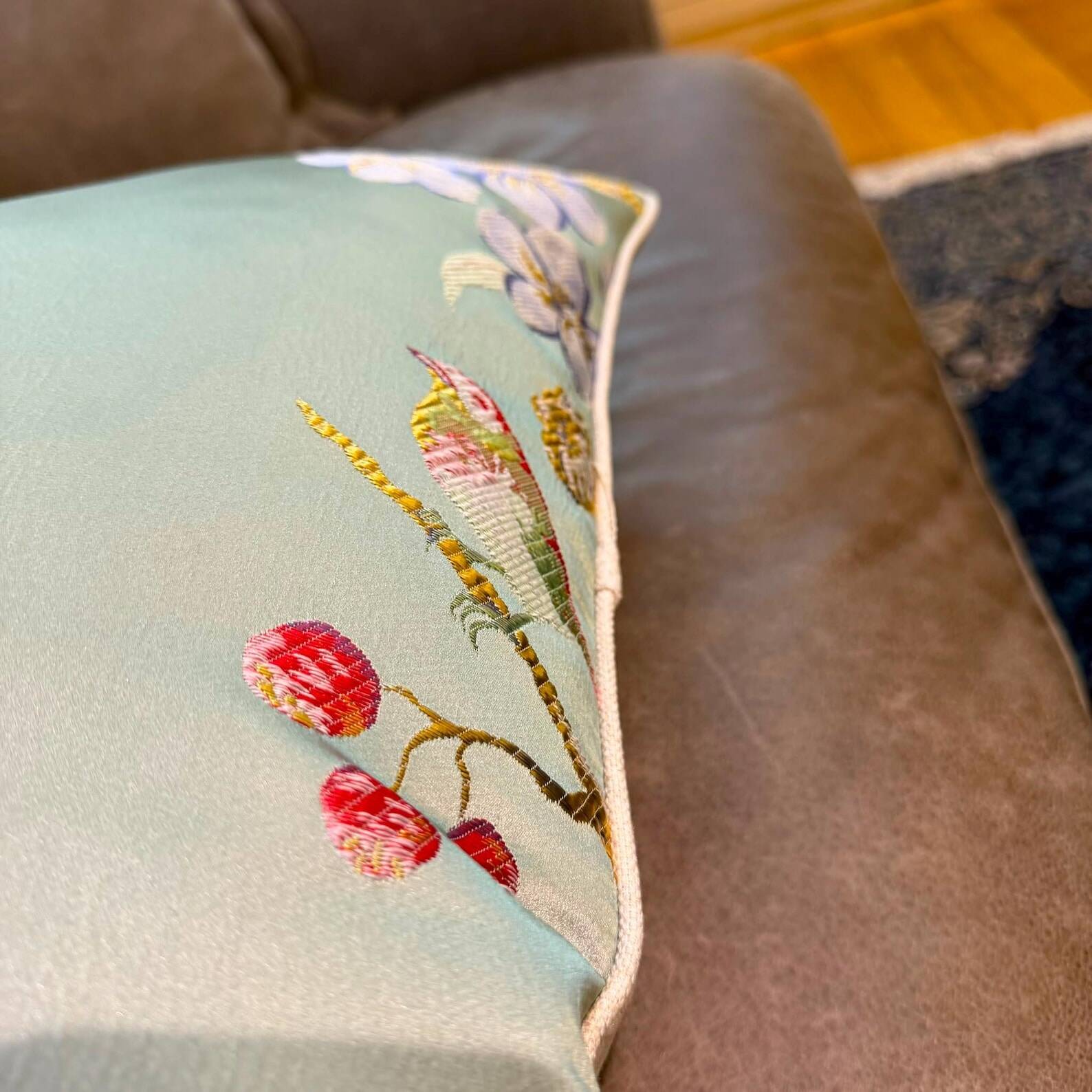 Handmade Satin Chinoiserie Bird Cushion, Cream Piped Botanical Pillow