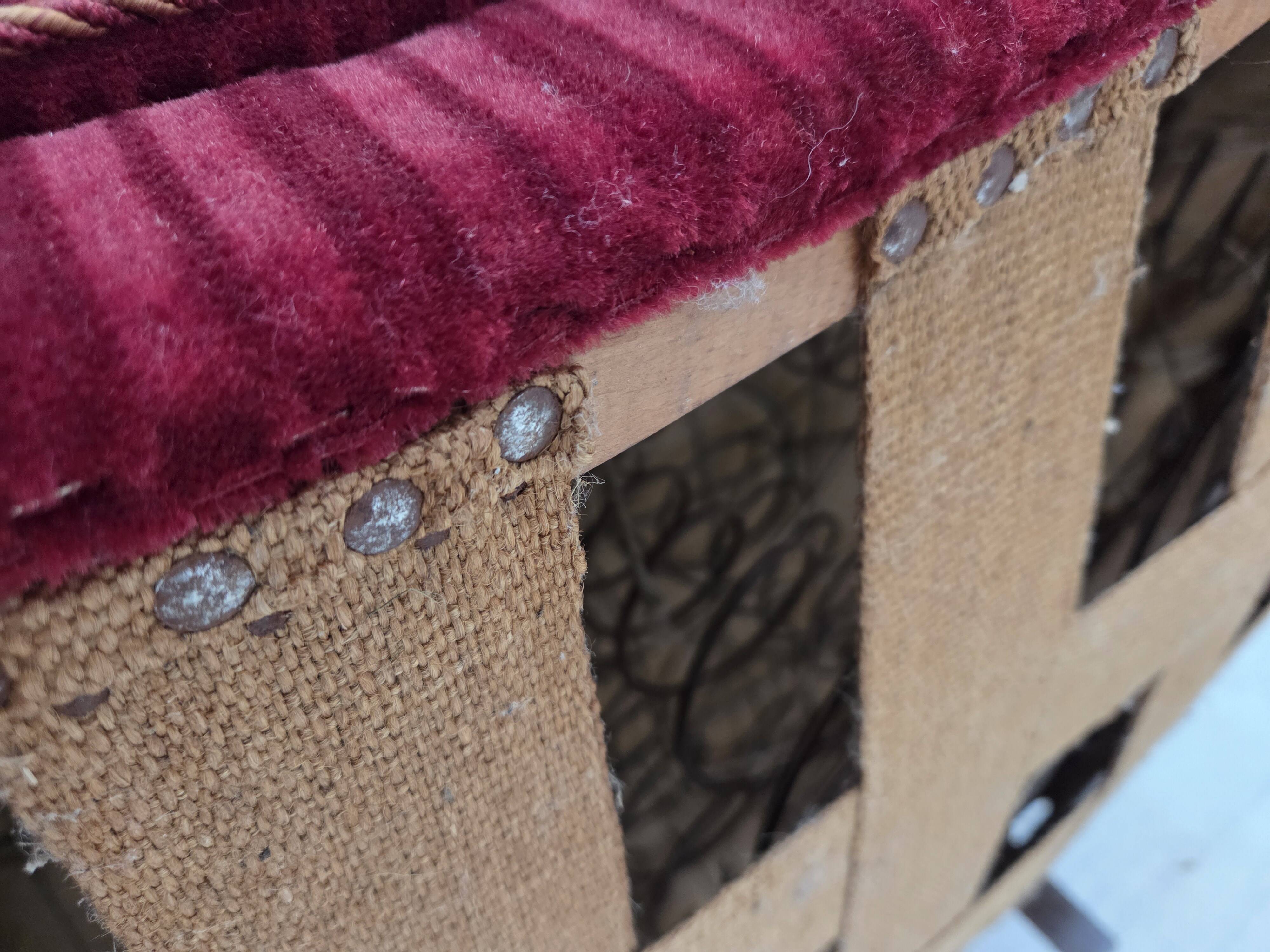 1960s, Danish 2-seater "Banana" sofa, red furniture velour, oak wood.