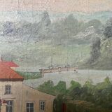 Tableau HST XIX° "Usine" Baccarat brasserie avec Serre, Pont Eiffel, Villa