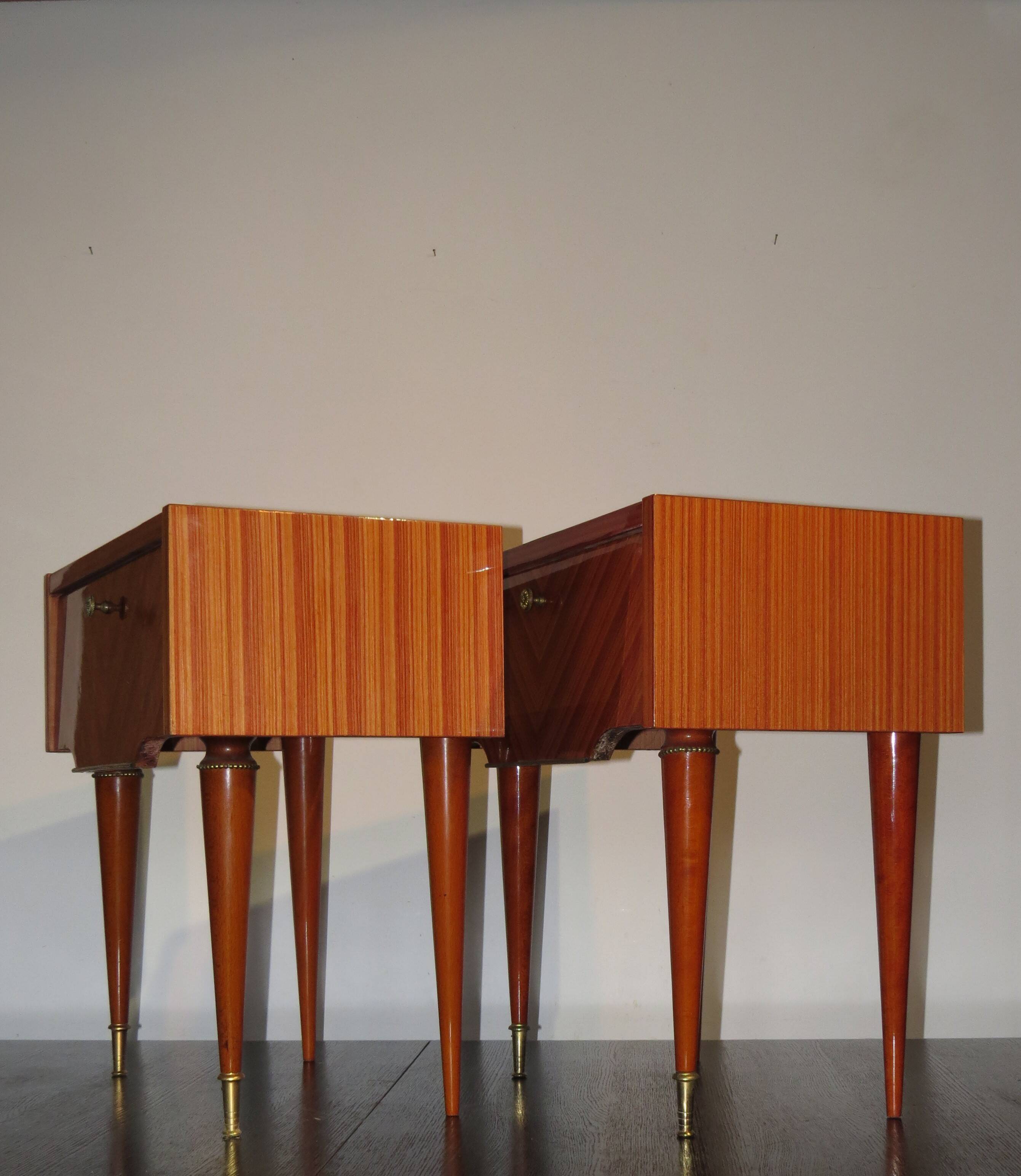 Pair of 60s veneer bedside tables with brass decorations