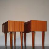 Pair of 60s veneer bedside tables with brass decorations