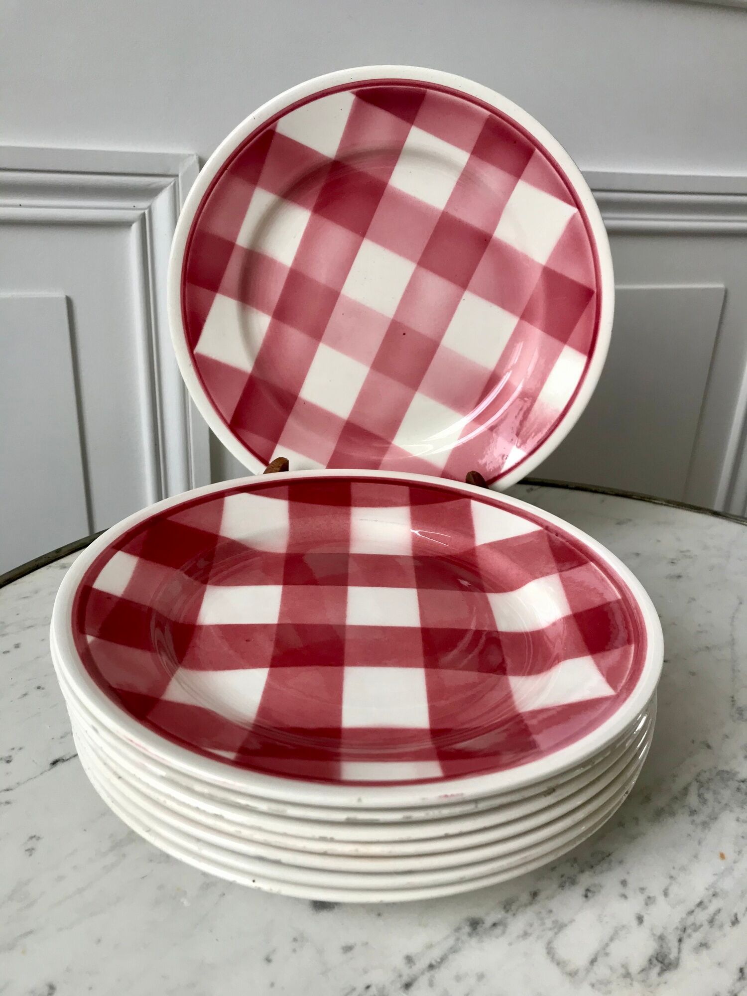 Set of 8 dessert plates fb badonviller pink gingham model 40s