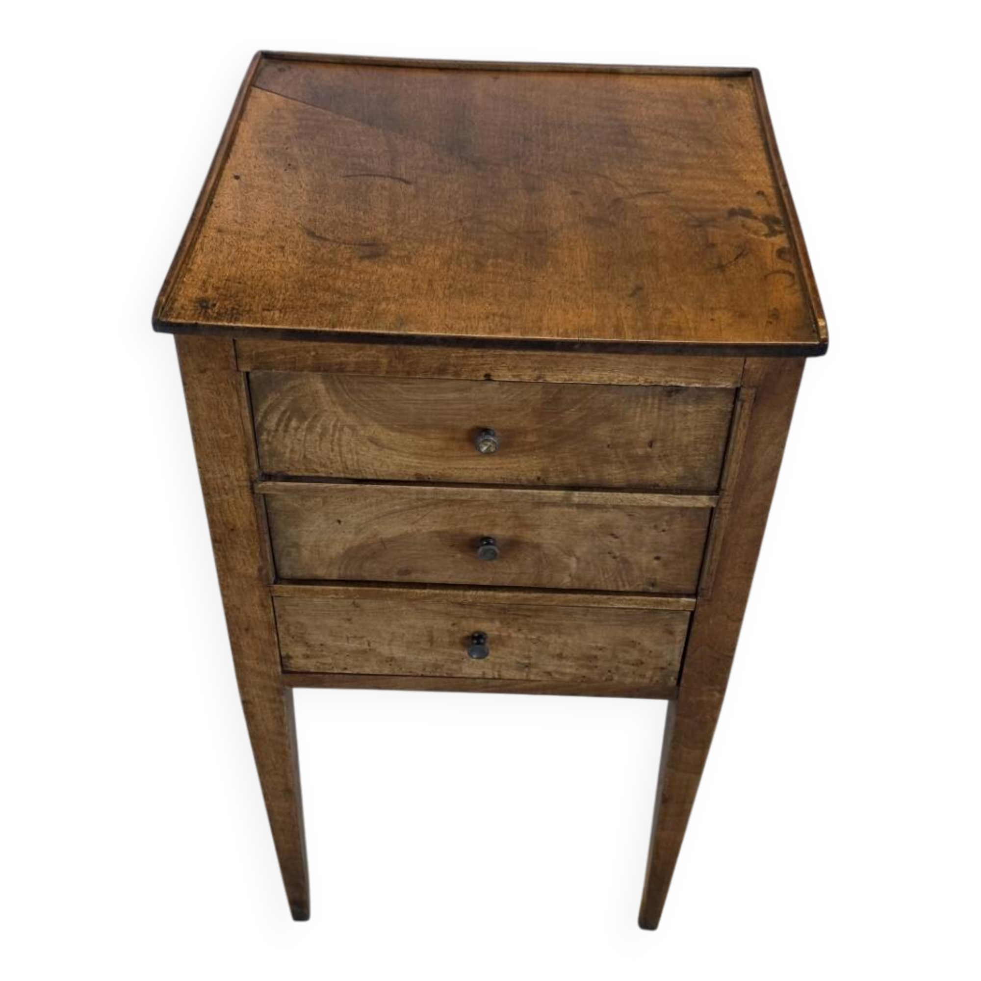Small Louis XVI period bedside table / chest of drawers in walnut with 3 drawers