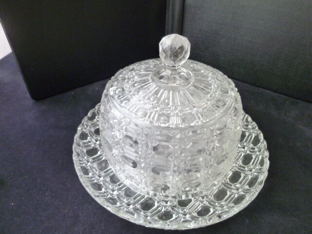 Antique cheese bell on its molded pressed glass tray