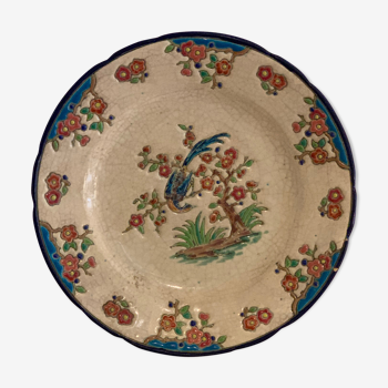 Peacock enamels plate hand-painted peacock on cherry tree early 20th century