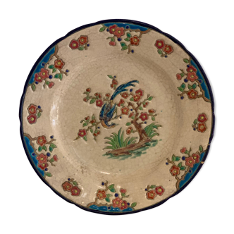 Peacock enamels plate hand-painted peacock on cherry tree early 20th century