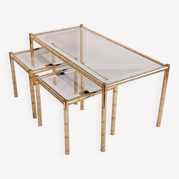 ensemble de tables basses 1970’S de la maison Lancel en laiton forme bambou