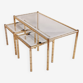 set of 1970'S coffee tables from Lancel in bamboo-shaped brass