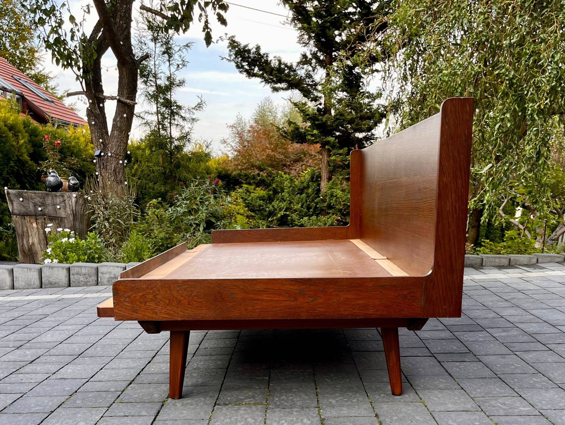 Jitona sobeslav sofa bed in walnut & boucle fabric, vintage czech 1960s