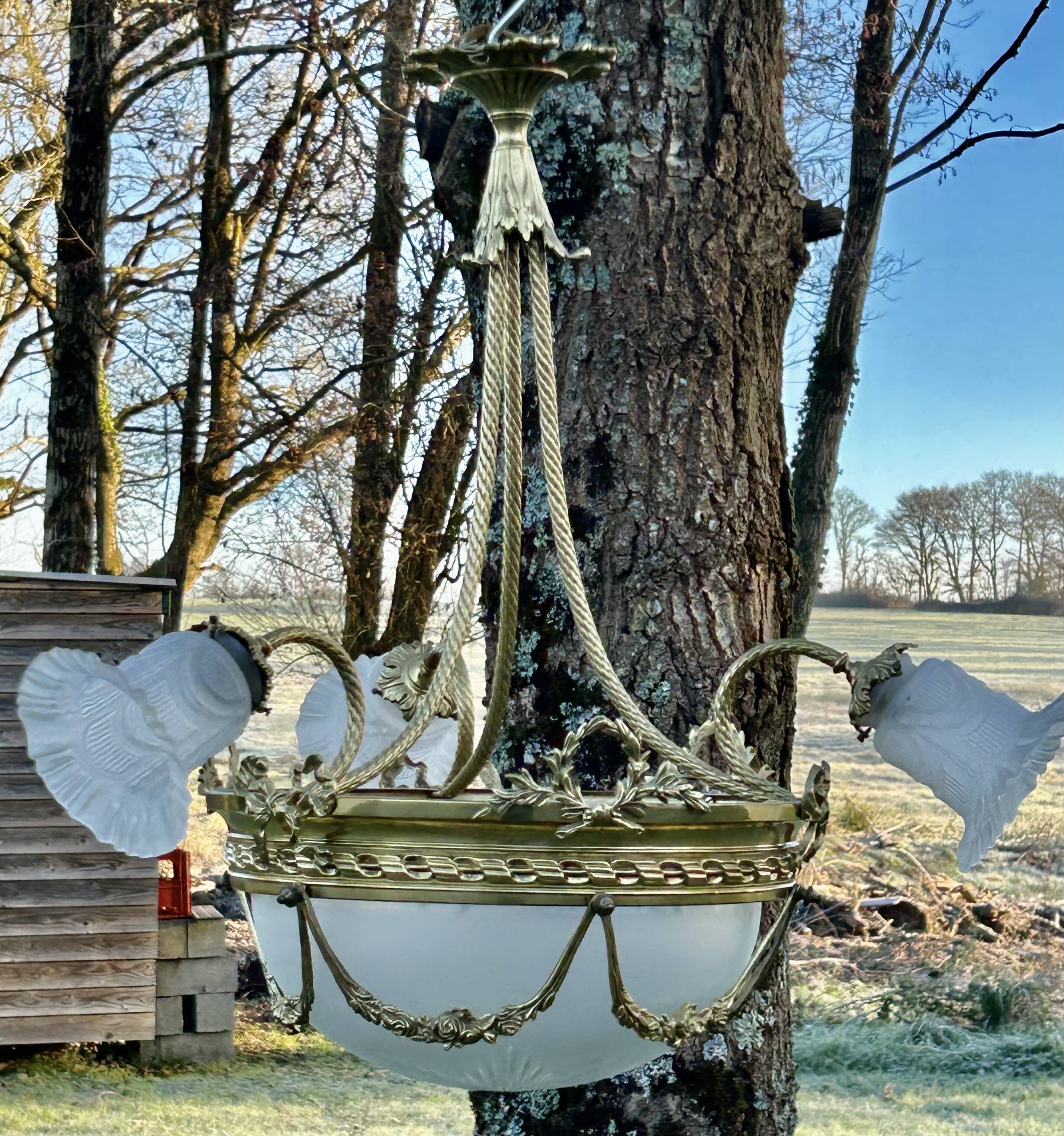 Superbe lustre Bronze Art Déco mélange de style, vers 1930/50, 3 branches 4