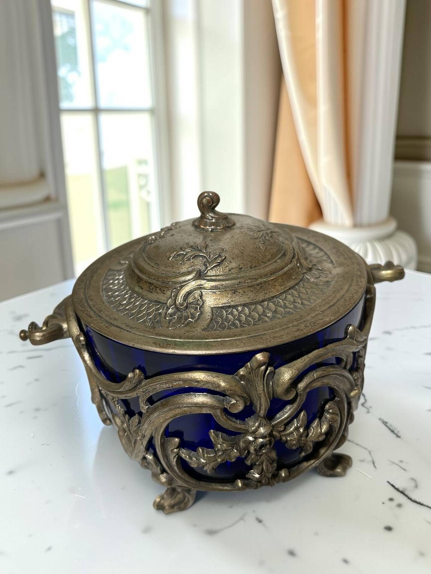 Antique cobalt blue glass biscuit barrel with ornate metal – Louis style