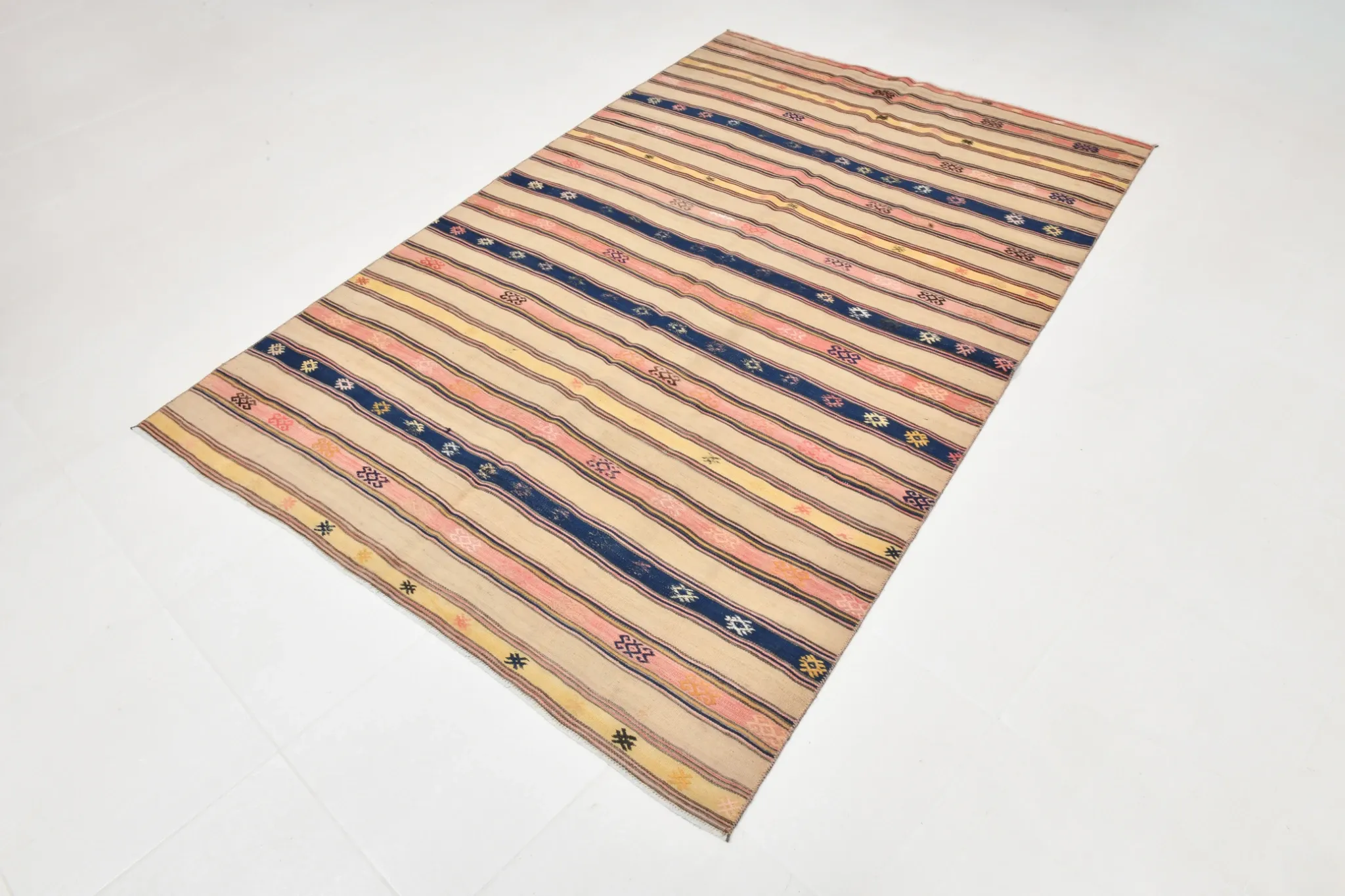 Turkish Vintage Blue & Beige Kilim Rug, Mid Century Modern Farmhouse Decor