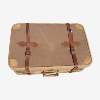 Ancienne valise en toile et cuir beige