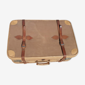 Large suitcase in canvas and beige leather