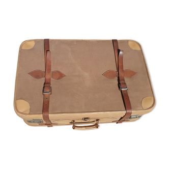 Large suitcase in canvas and beige leather