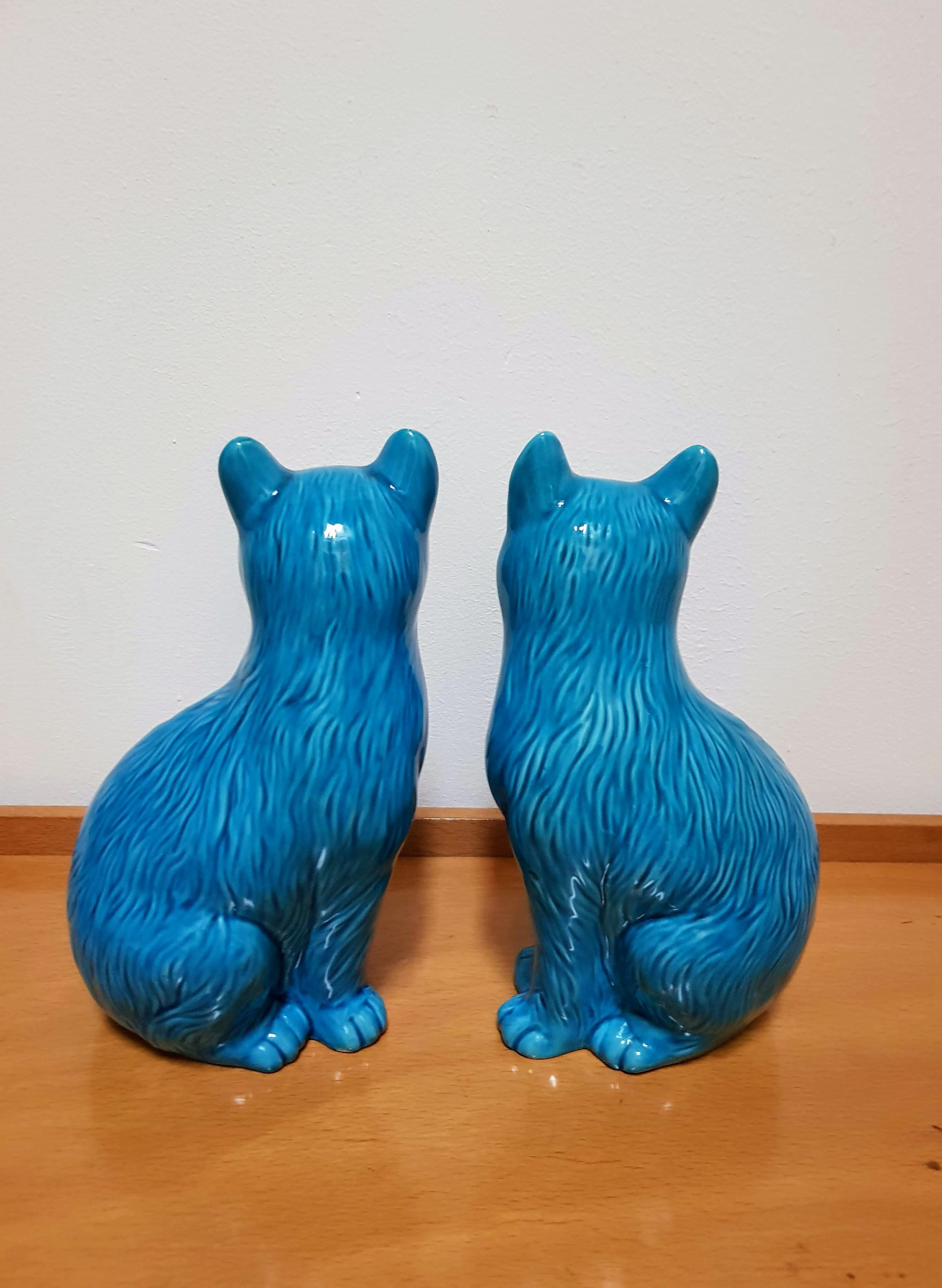 Vintage Pair of Ceramic Blue Cats Bookends