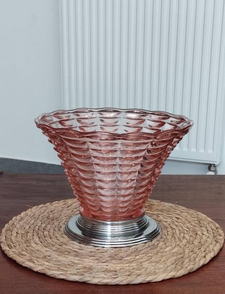 Art Deco cornucopia vase, centrepiece, bowl - blown glass & chrome 1930