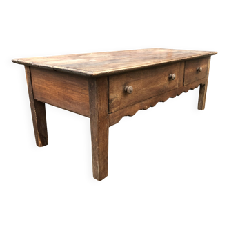 Old coffee table from the Guérandais region in solid oak with 2 front drawers
