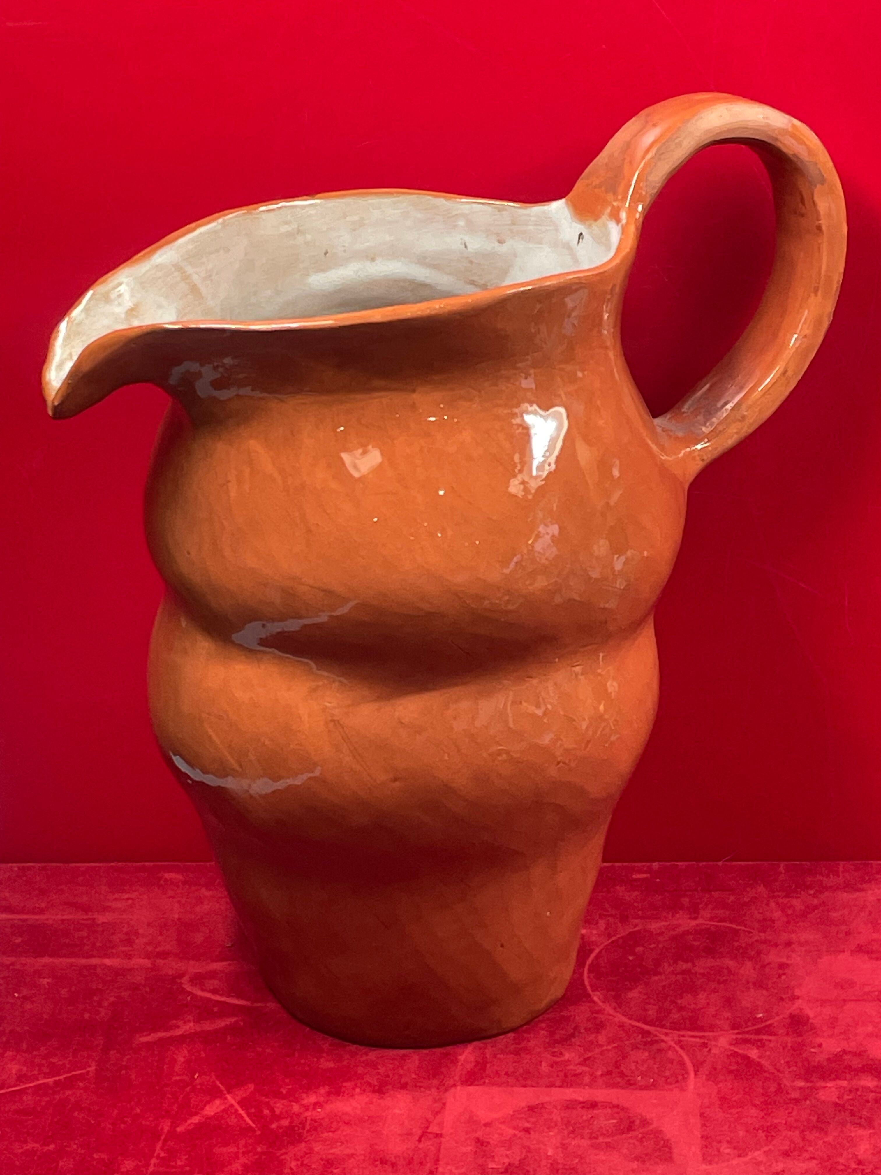 Unusual Pitcher Ceramic in stoneware or glazed earth Signed EL