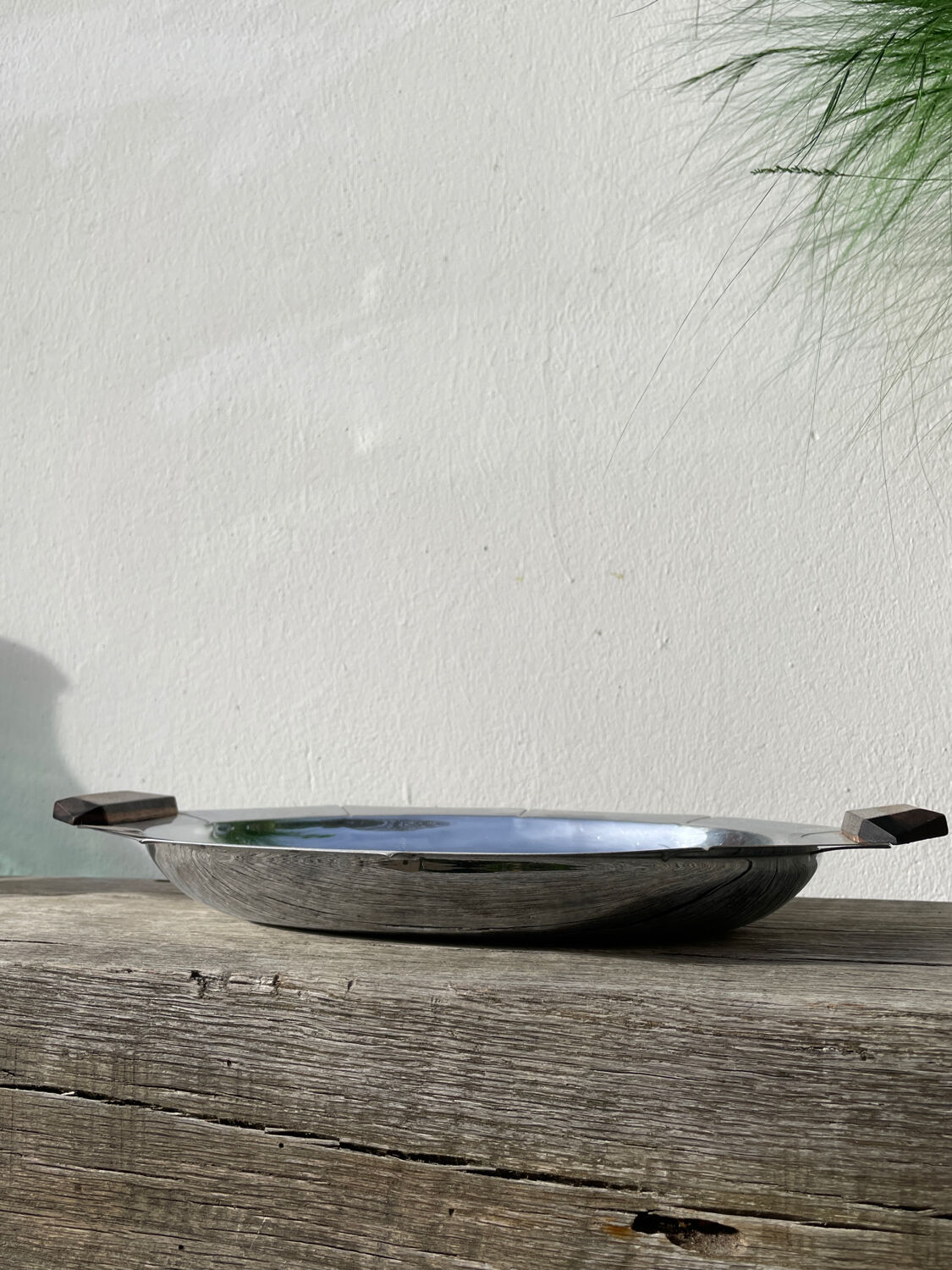 Art Deco silver-plated metal and wood dish