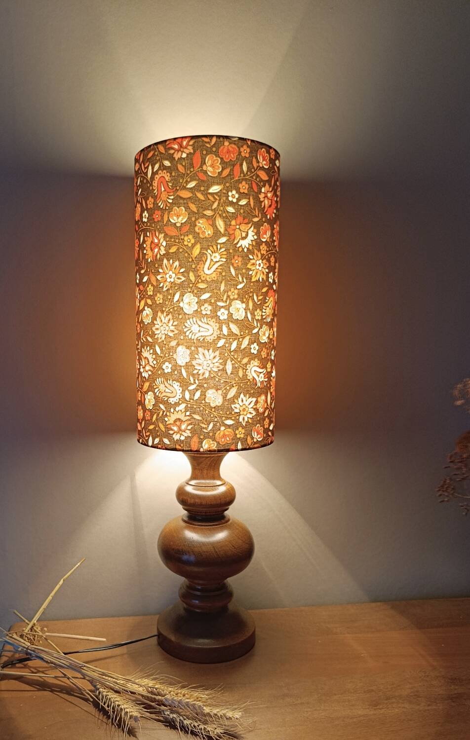 rustic wood lamp, vintage seventies lampshade with floral print