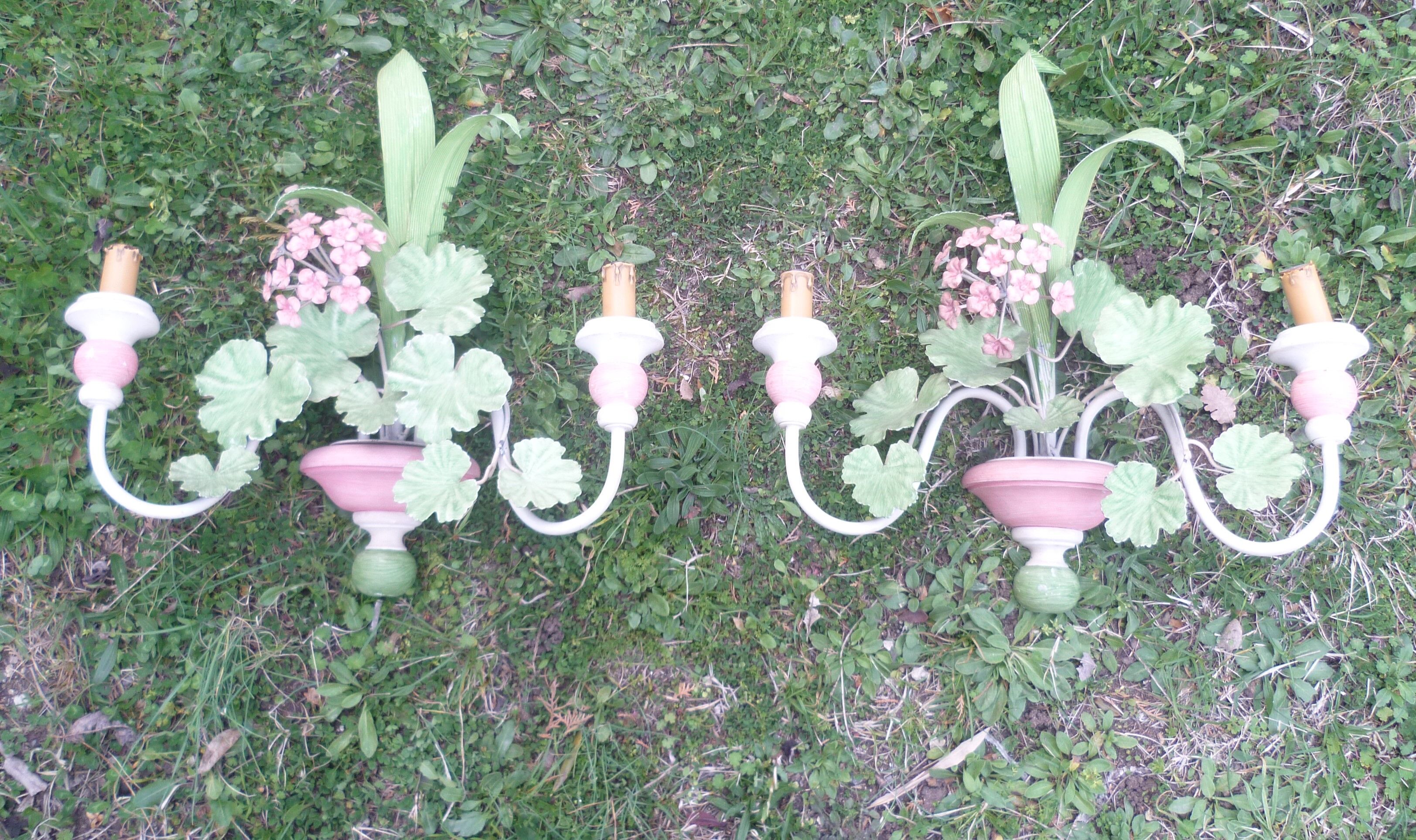 Pair of metal sconces painted spring flowers vintage