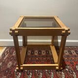 Brutalist table in wood and smoked glass