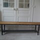 Bench metal structure and cross slate gray wood, waxed seat medium oak.