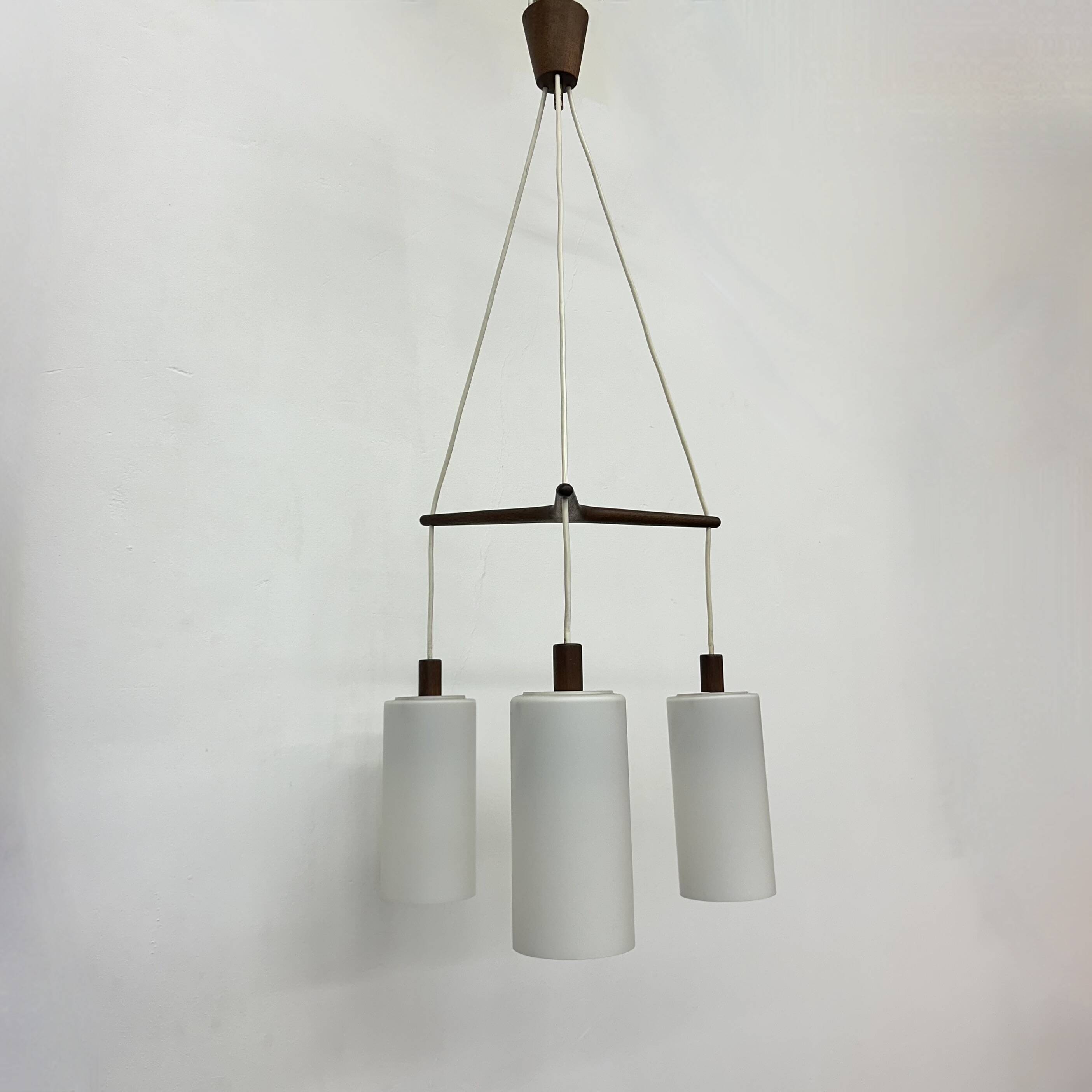 Mid-century design pendant lamp teak and opaline glass , 1970s