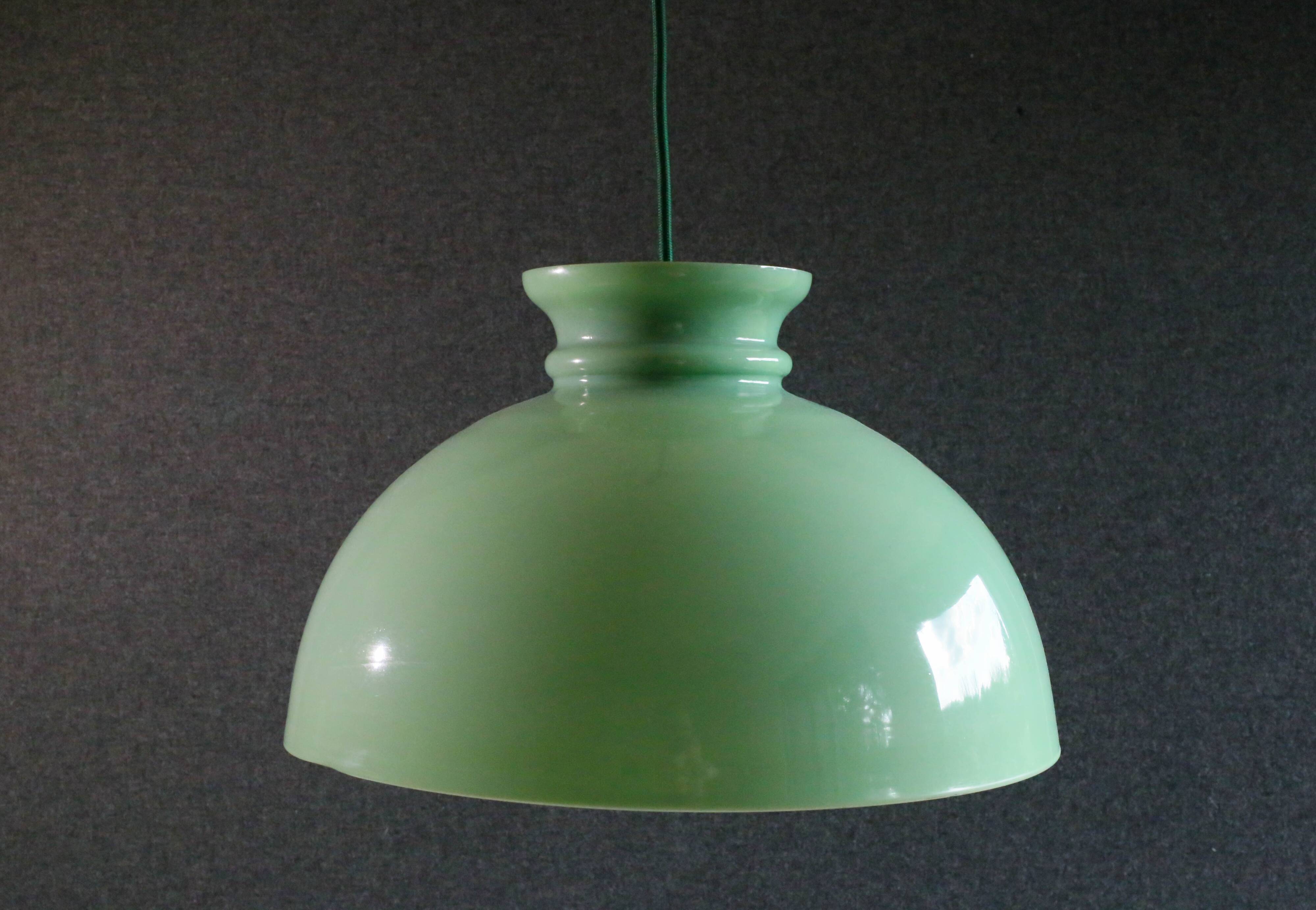 Old semi-round opaline pendant light in green glass - large model - circa 1950