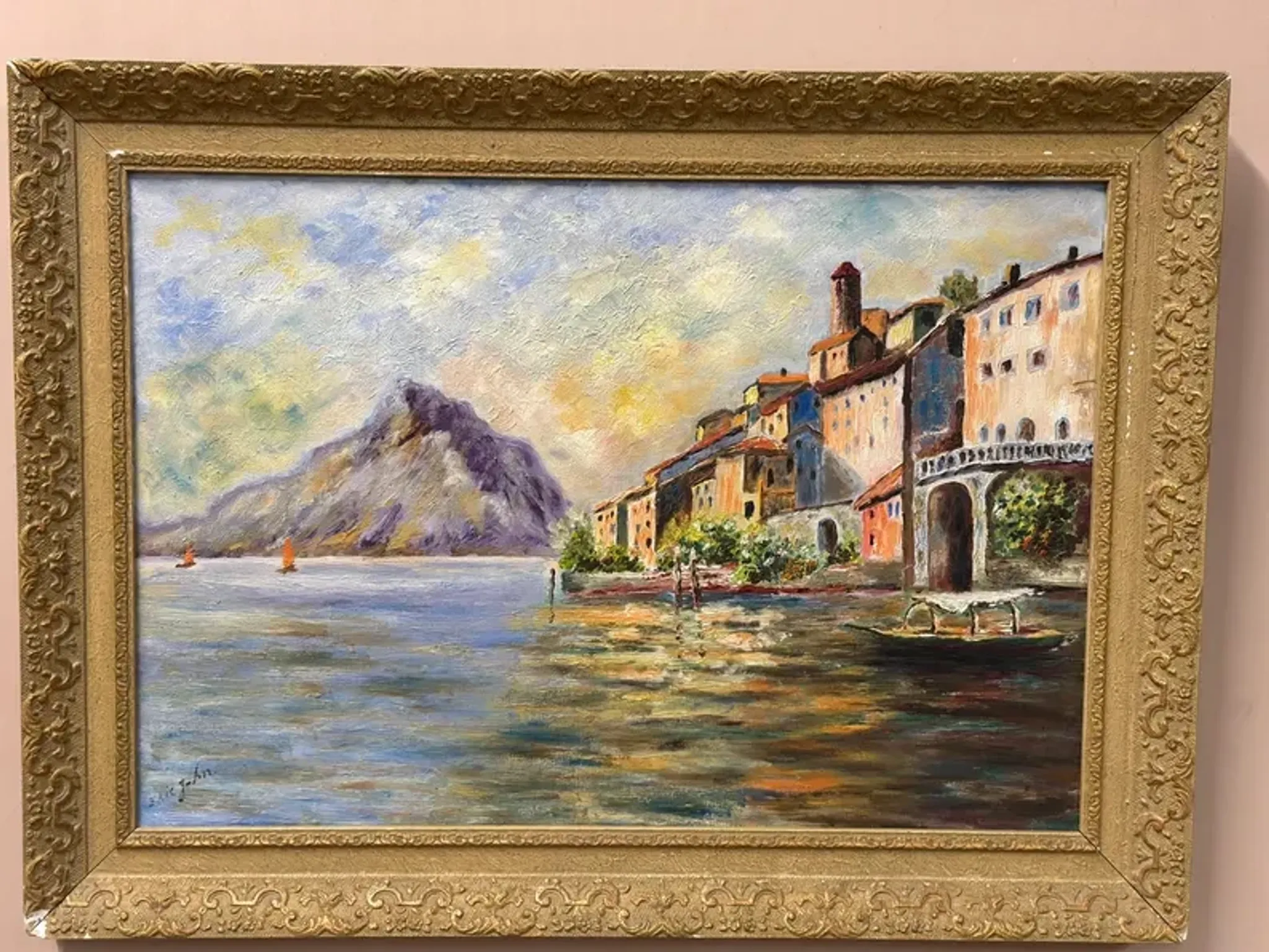 Original Swedish Oil on Canvas – “City and the Lake” by Eric Johan – Vintage & Framed