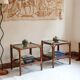 Pair of bamboo and rattan bedside tables, smoked glass tops.