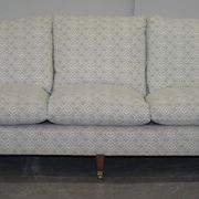 Howard & Sons canapé with feather cushions and ticking fabric, Victorian style.