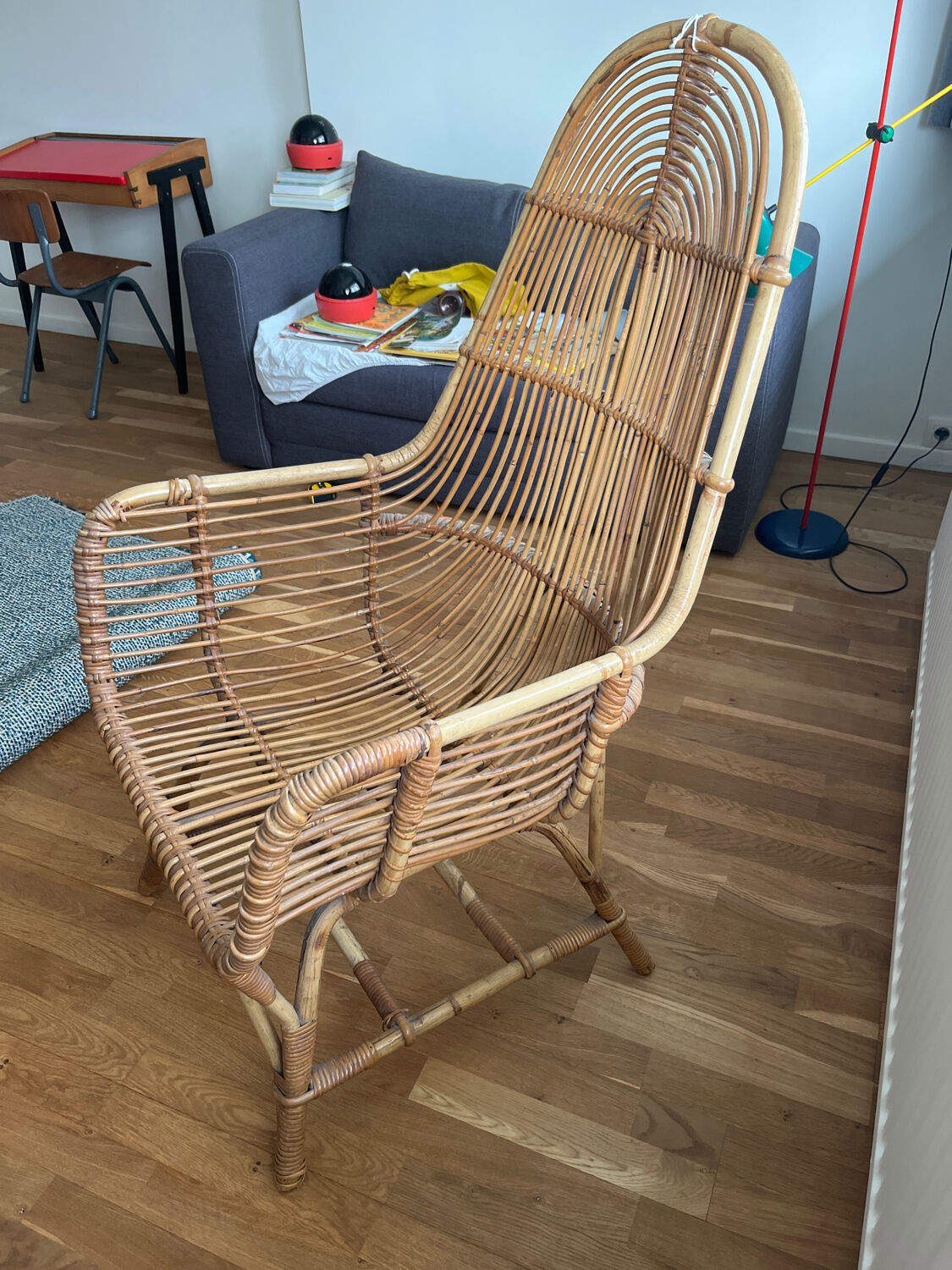 Fauteuil rotin vintage haut dossier années 70