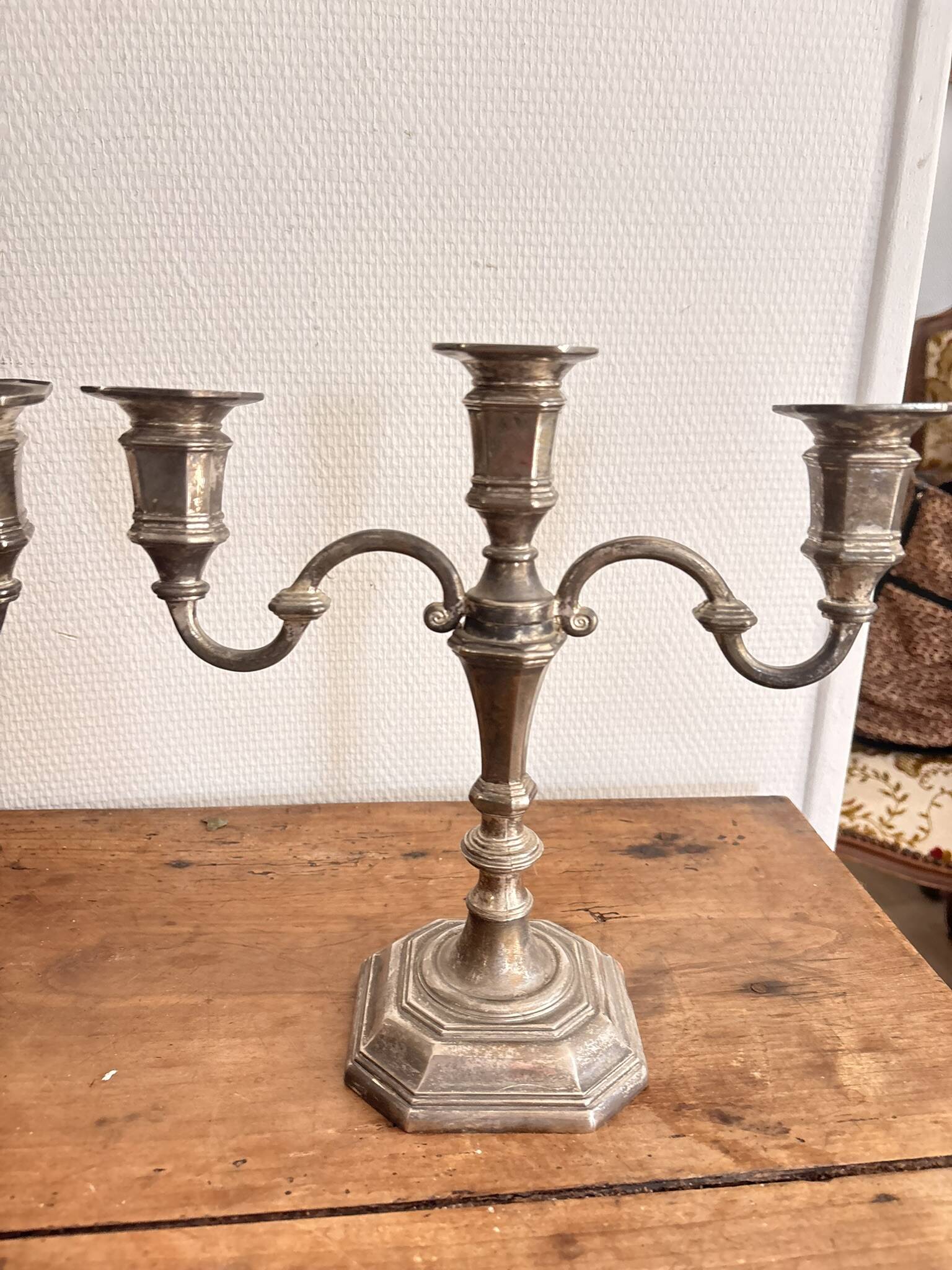 Antique Pair Art Deco Louis XV 3 Arm Silver-Plated Candelabra