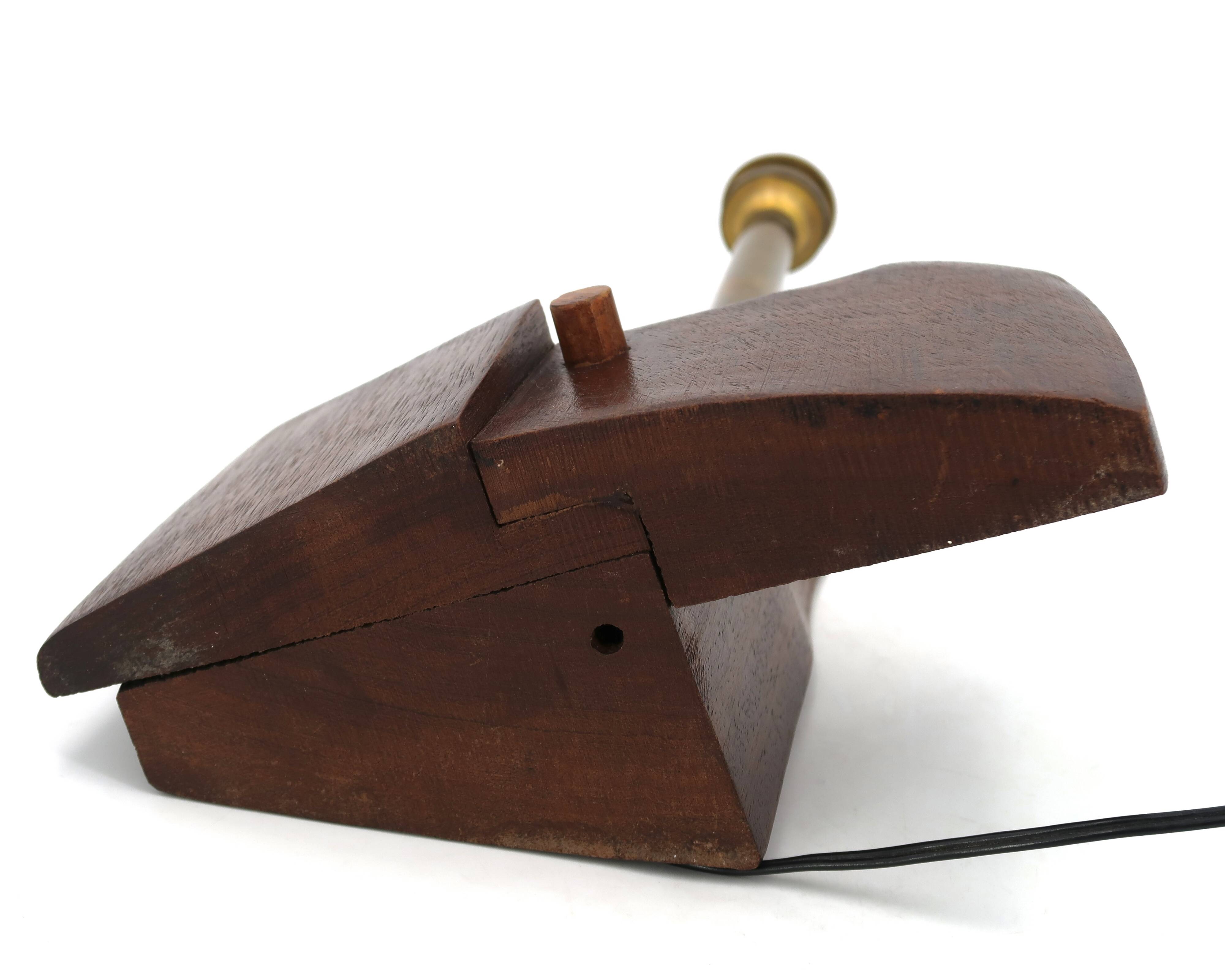 Wood and brass sculpture lamp with shade, 1950s.
