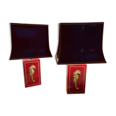 Pair of table lamps in Bordeaux lacquered wood and brass seahorse