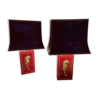 Pair of table lamps in Bordeaux lacquered wood and brass seahorse