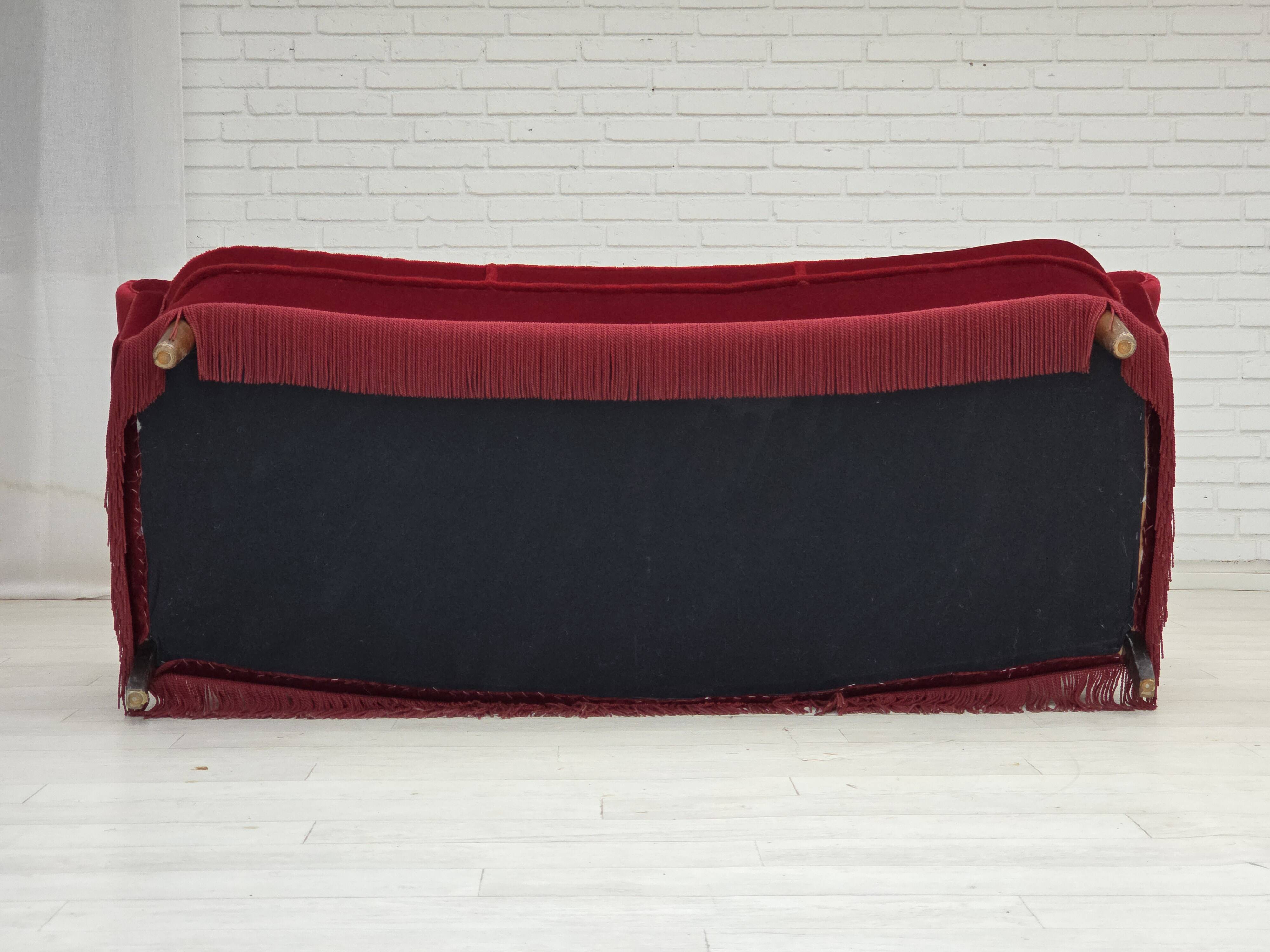 1960s, Danish 3-seater curved sofa, red furniture velour